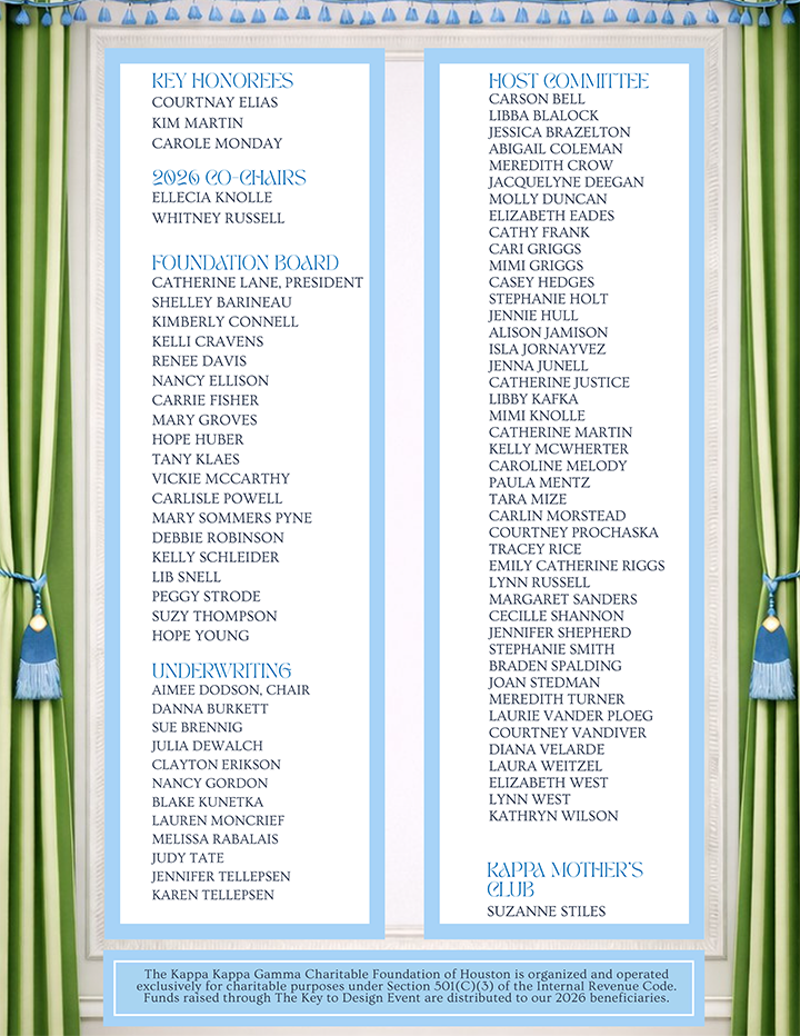 Key Honorees: Courtnay Elias, Kim Martin, Carole Monday, 2026 Co-chairs: Ellecia Knolle, Whitney Russell, Foundation Board: Catherine Lane, President, Shelley Barineau, Kimberly Connell, Kelli Cravens, Renee Davis, Nancy Ellison, Carrie Fisher, Mary Groves, Hope Huber, Tany Klaes, Vickie Mccarthy, Carlisle Powell, Mary Sommers Pyne, Debbie Robinson, Kelly Schleider, Lib Snell, Peggy Strode, Suzy Thompson, Hope Young, Underwriting: Aimee Dodson, Chair, Danna Burkett, , Sue Brennig, Julia Dewalch, Clayton Erikson, Nancy Gordon, Blake Kune, Tka, Lauren Moncrief, Melissa Rabalais, Judy Tate, Jennifer Tellepsen, , Karen Tellepsen, , Host Committee: Carson Bell, Libba Blalock, Jessica Brazelton, Abigail Coleman, Meredith Crow, Jacquelyn, E Deegan, Molly Duncan, Elizabeth Eades, Cathy Frank, Cari Griggs, Mimi Griggs, Casey Hedges, Stephanie Holt, Jennie Hull, Alison Jamison, Isla Jornayvez, Jenna Junell, Catherine Justice, Libby Kafka, Mimi Knolle, Catherine Martin, Kelly Mcwherter, Caroline Melody, Paula Mentz, Tara Mize, Carlin Morstead, Courtney Prochaska, Tracey Rice, Emily Catherine Riggs, Lynn Russell, Margaret Sanders, Cecille Shannon, Jennifer Shepherd, Stephanie Smith, Braden Spalding, Joan Stedman, Meredith Turner, Laurie Vander Ploeg, Courtney Vandiver, Diana Velarde, Laura Weitzel Elizabeth West, Lynn West, , Kathryn Wilson, Kappa MotherÃ¢â‚¬â„¢s Club: Suzanne Stiles